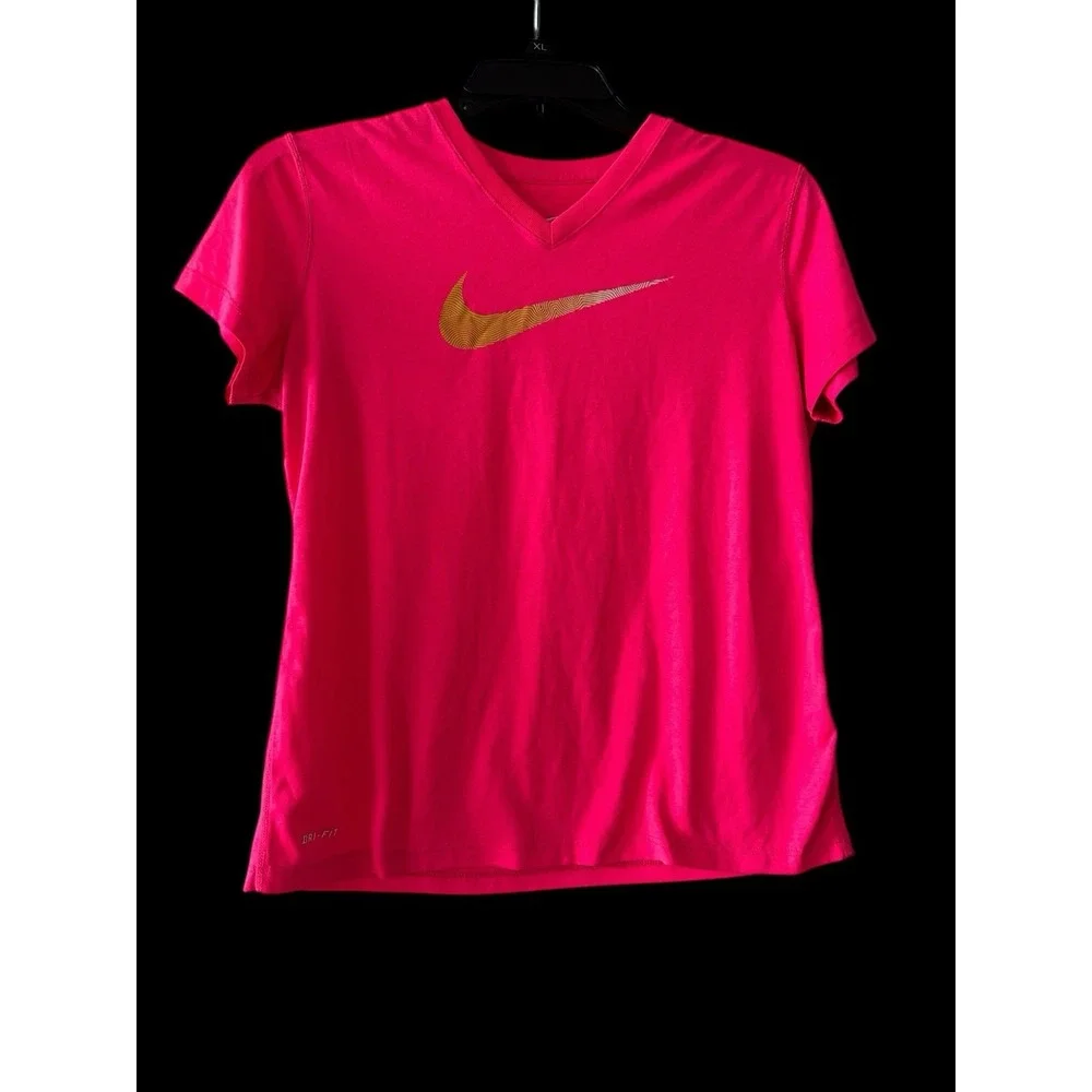 Nike Girls T Shirt Size XL X‎ Large Pink Short Sleeve Dri Fit V Neck